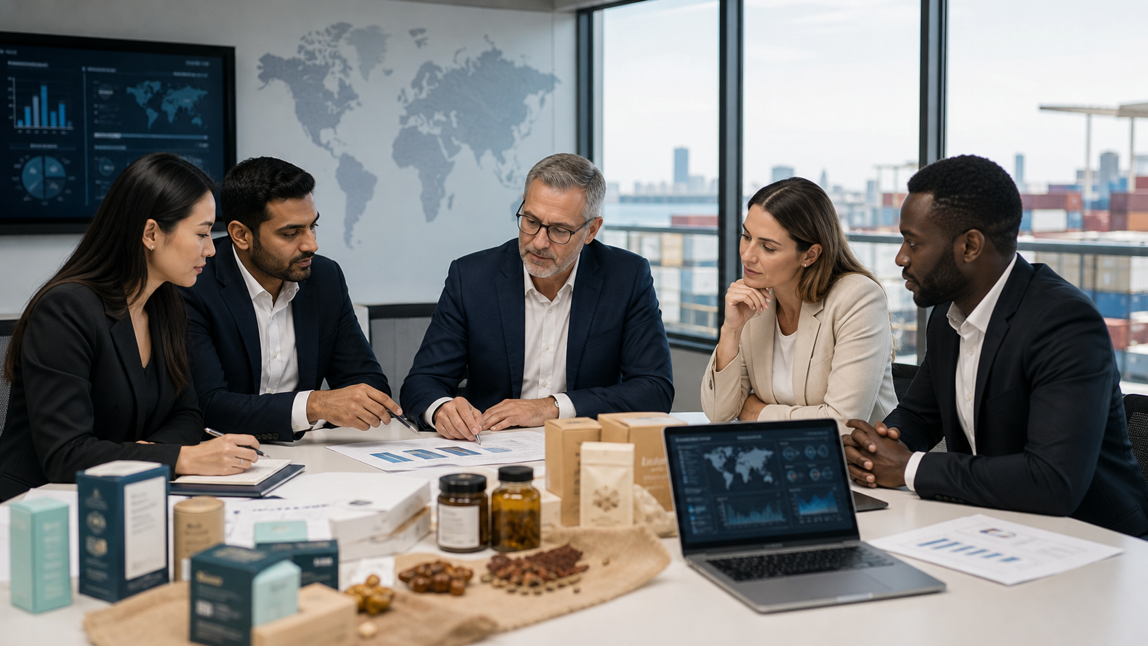 Import export coordination team reviewing trade plans