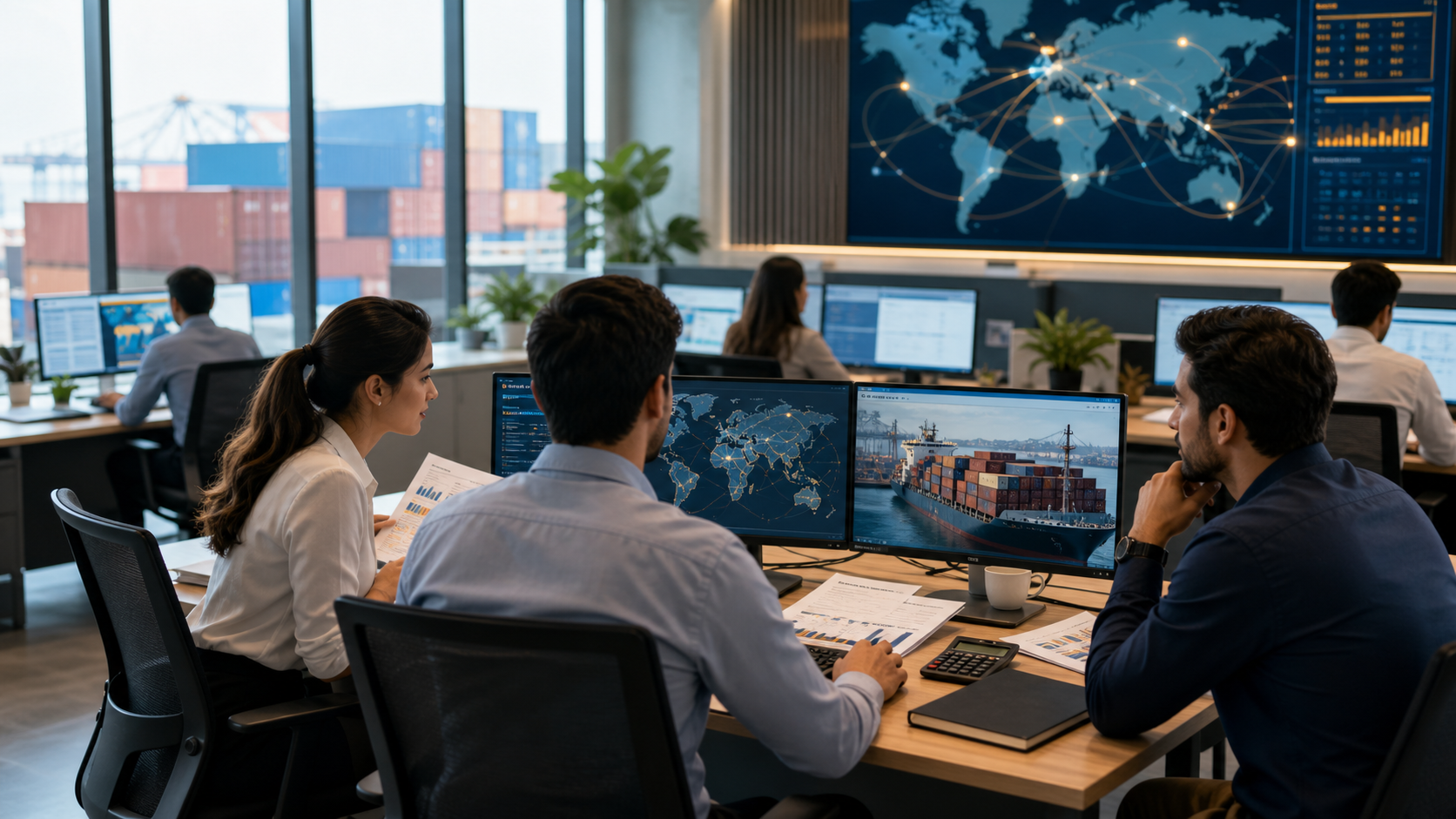 Global trade operations command center with route screens