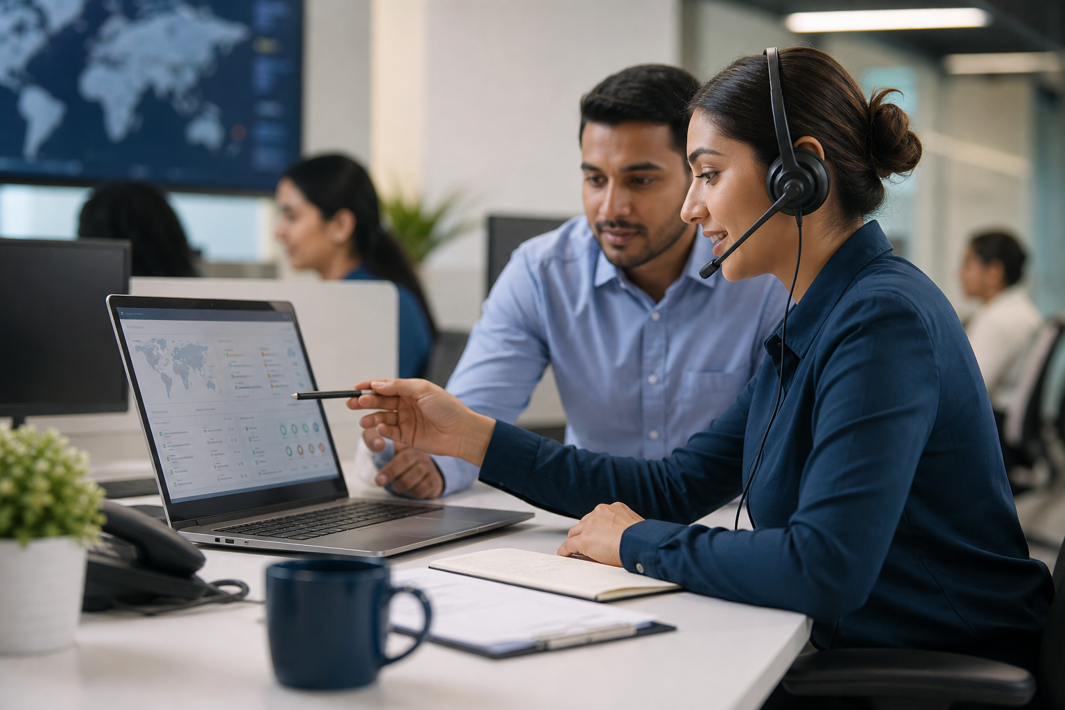 Customs expertise support specialist reviewing shipment status